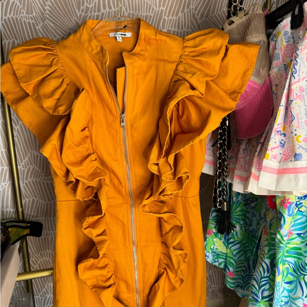 Bold Orange Ruffle Dress with Zipper - Picture 5 of 5